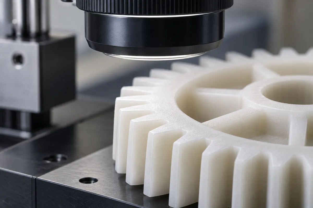 Intact molded gear tooth surface under a close inspection lens