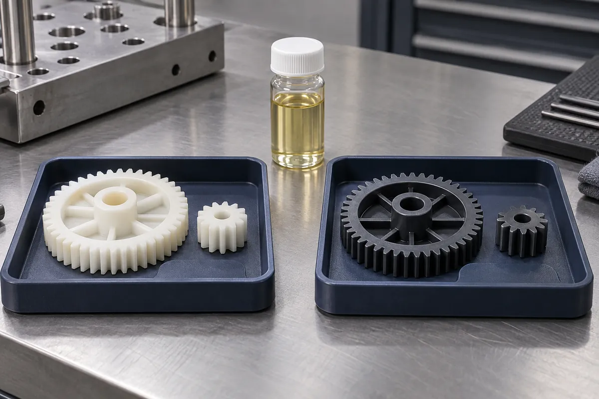 Separate gear sets in test trays beside a lubricant sample