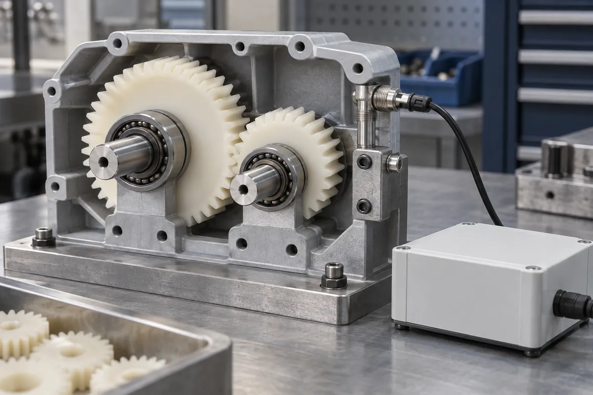 Gear pair in an open housing with a temperature probe near its support