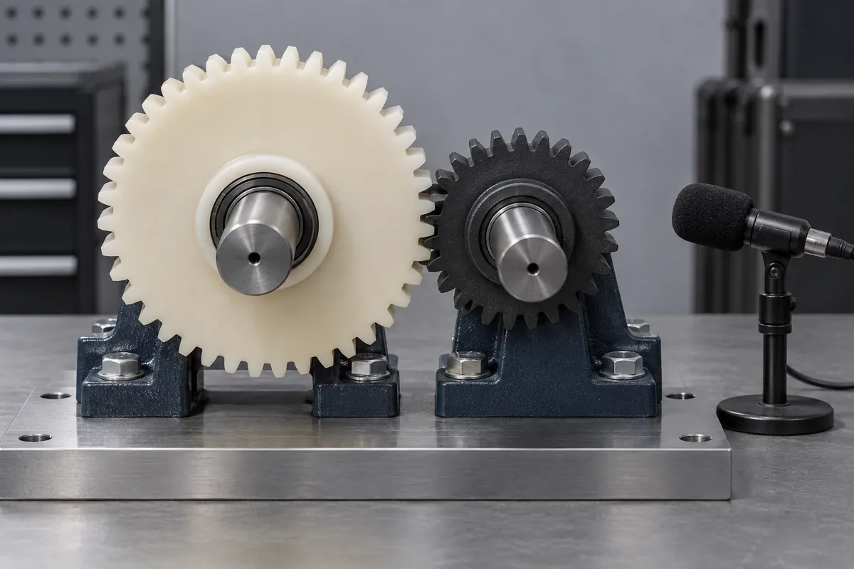 Open polymer gear test fixture with a separate acoustic sensor stand