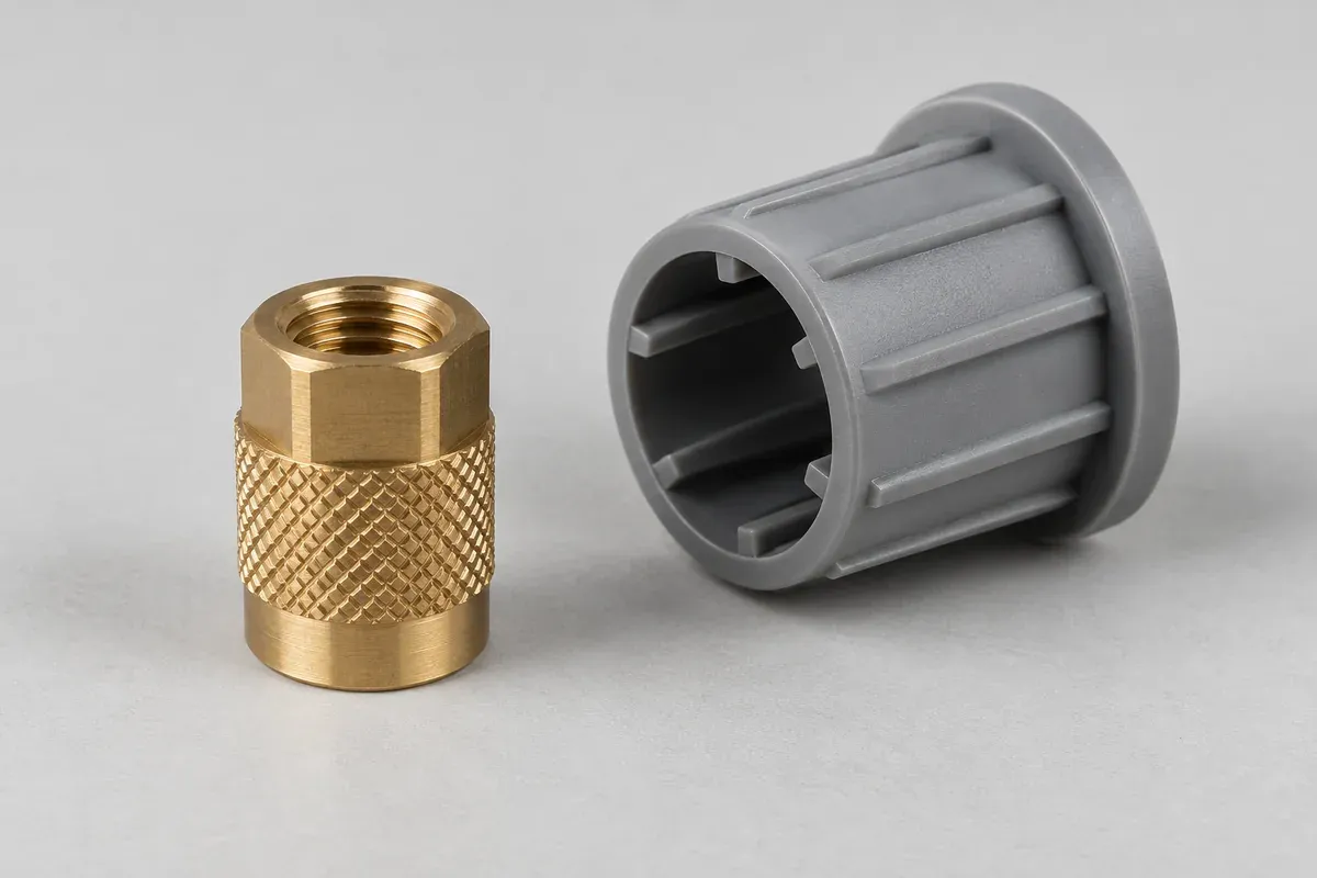 Knurled insert beside the receiving region of a molded plastic knob