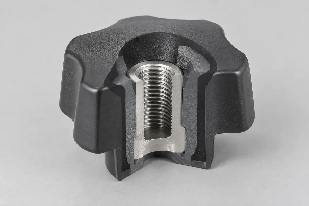 Cutaway design illustration of a threaded insert supported by a plastic knob boss