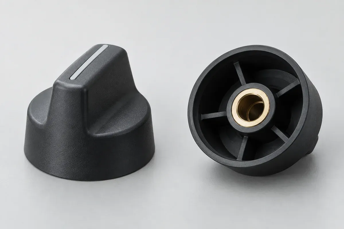 Plastic knob underside showing its central insert and surrounding support ribs