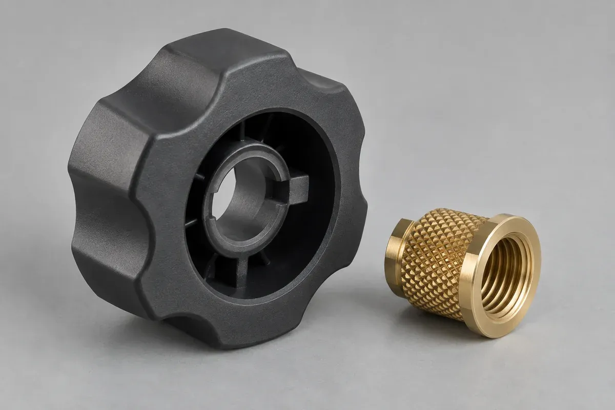 Underside of a molded plastic knob with a separate knurled metal insert