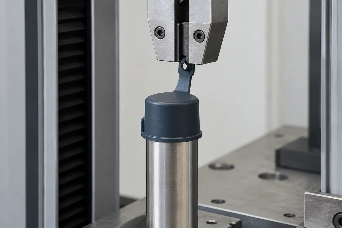 Cap tab held in a removal fixture on a metal tube