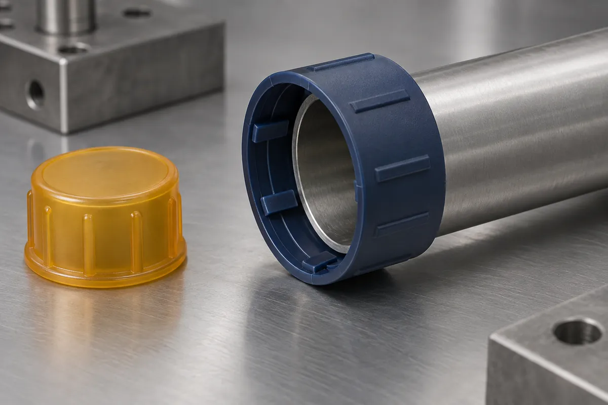 Protective cap partially seated over a tube end with a separate flange plug