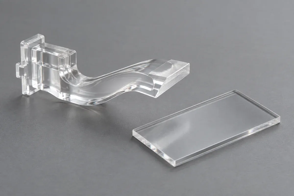 Clear molded guide beside a transparent flat material coupon