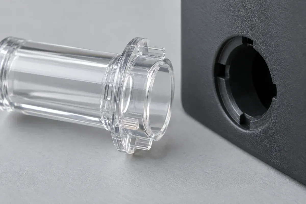 Transparent light-pipe flange and retention features beside a dark mounting aperture