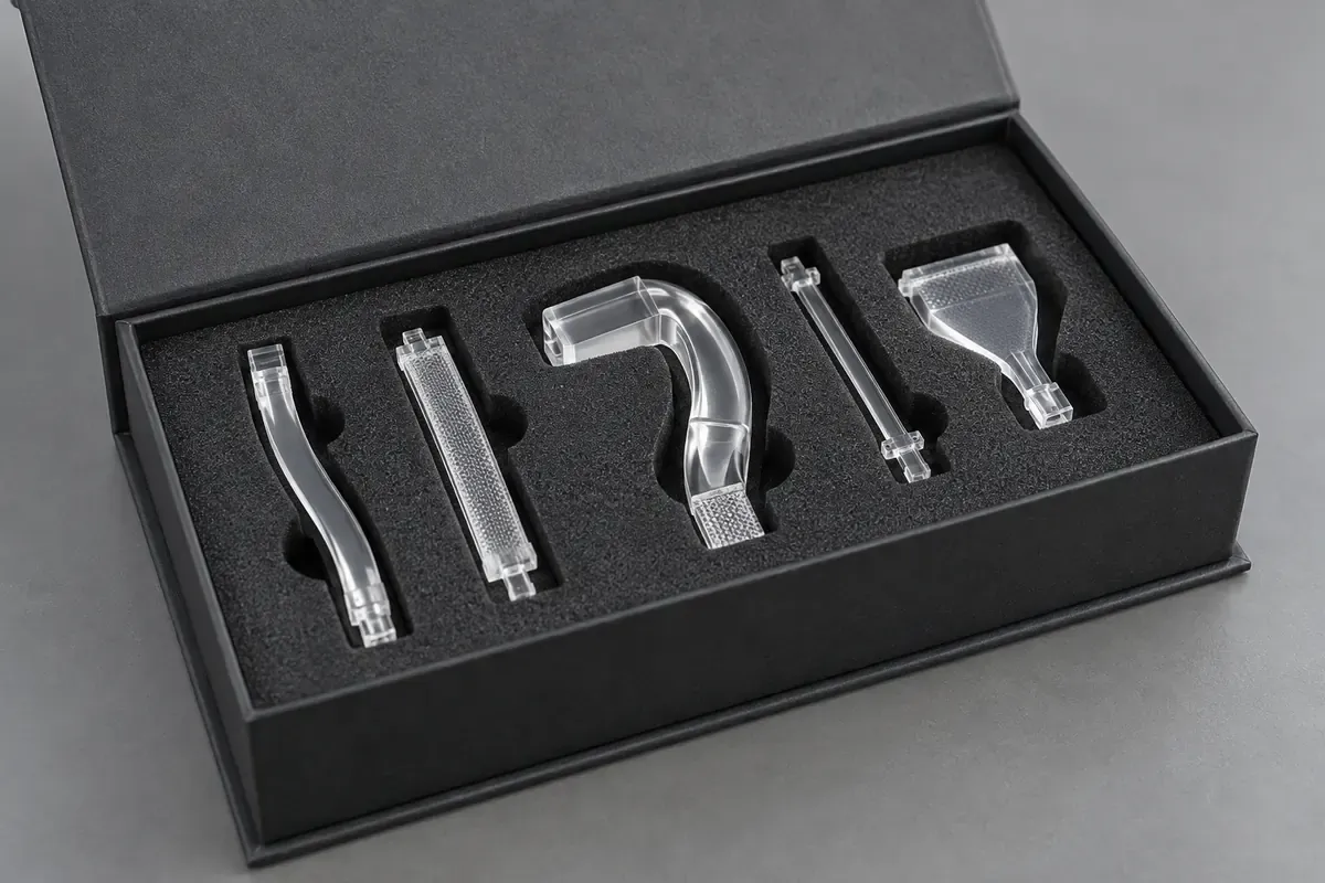 Transparent guide samples separated in nonabrasive protective pockets
