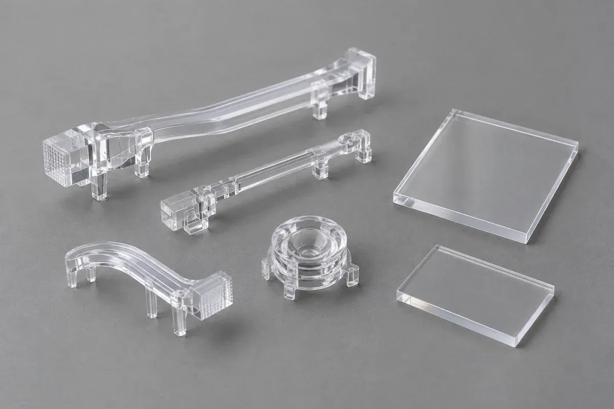 Unlit transparent light-pipe specimens and clear material coupons on a neutral surface