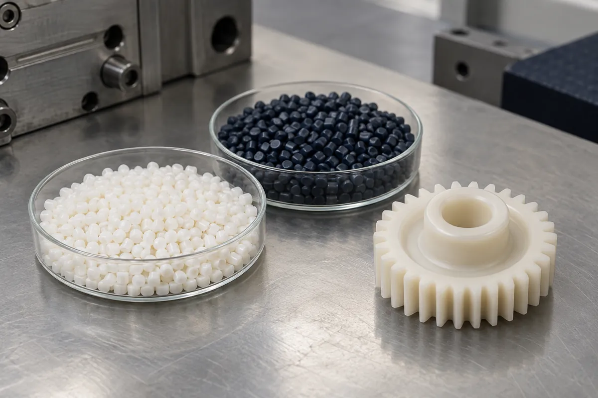 Plain polymer pellet samples beside a molded gear