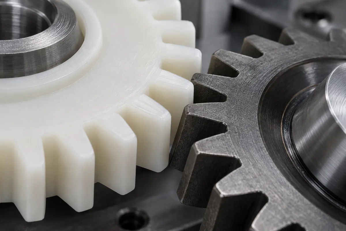 Polymer gear tooth flank alongside a metal mating gear