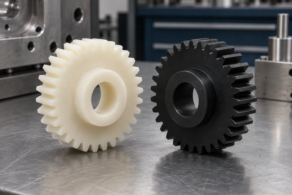 Ivory and black polymer spur gear design examples with matching geometry