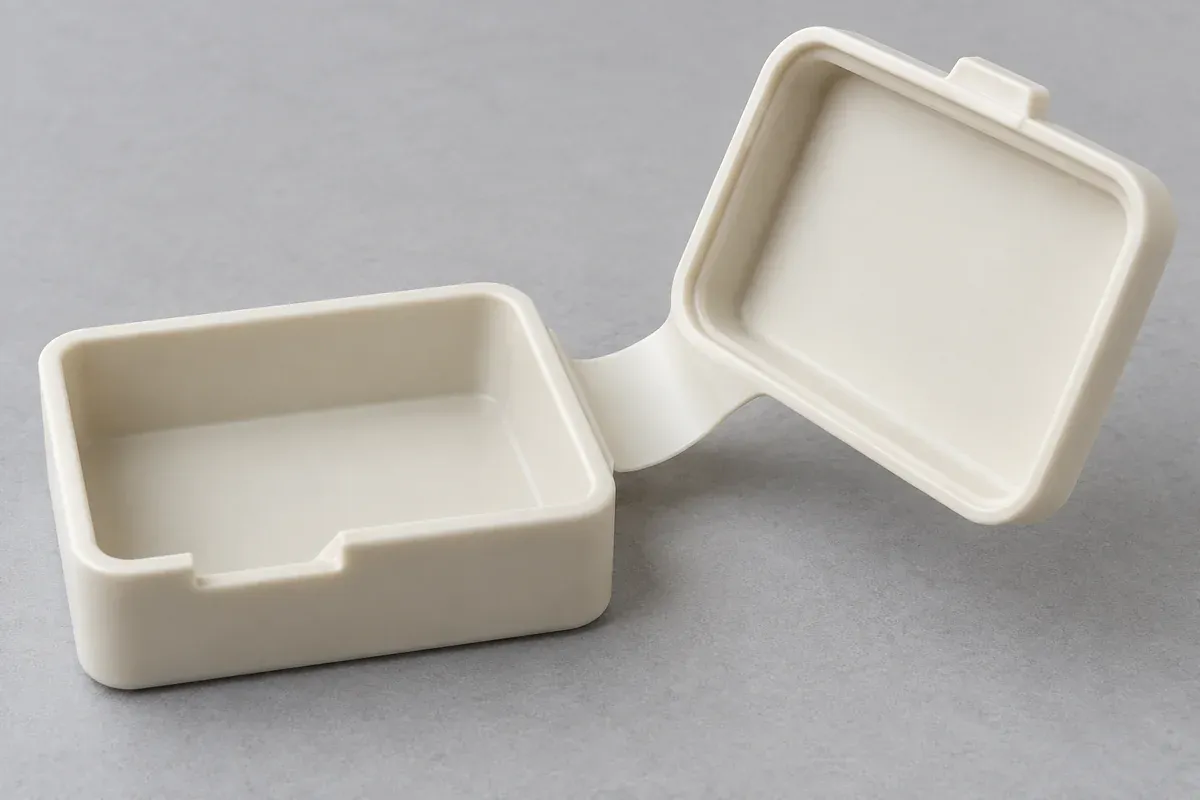 Thin molded hinge web joining thicker polypropylene-style panels