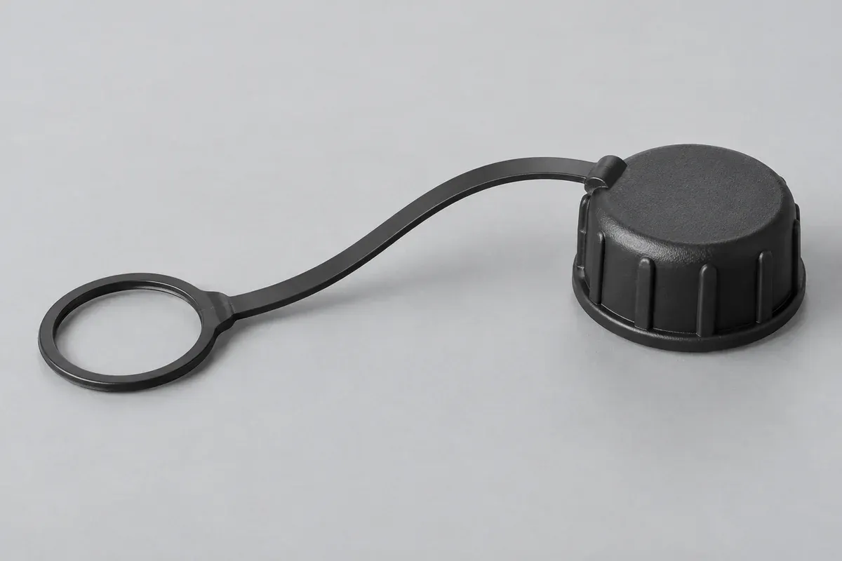 Flexible polyethylene-style tether connecting a small lid