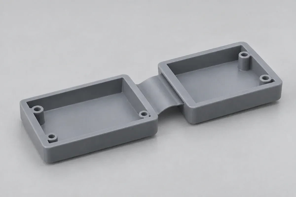 Molded sample showing a thick frame and thin flexible hinge region