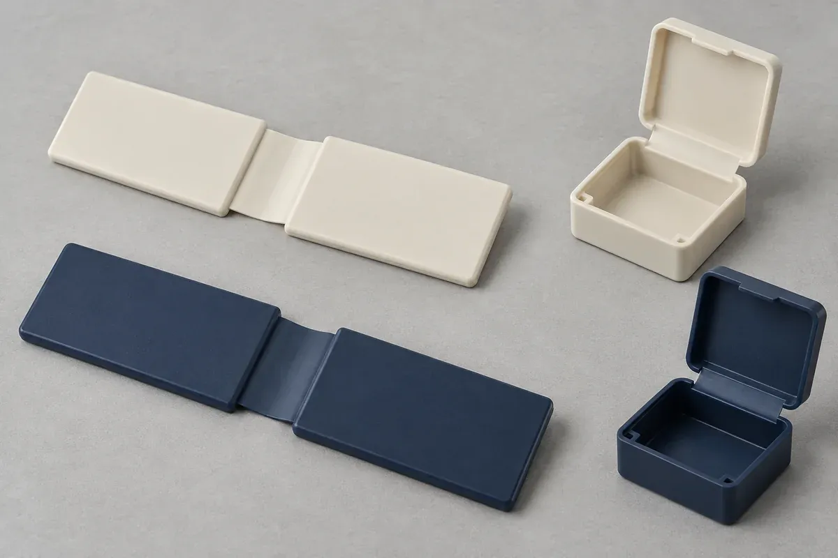 Neutral-colored molded hinge samples with thin webs and thicker connected panels