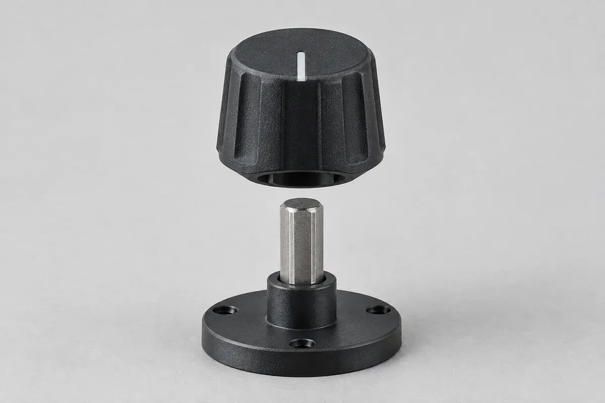 Plastic push-on knob aligned above a shaft in a simple support fixture
