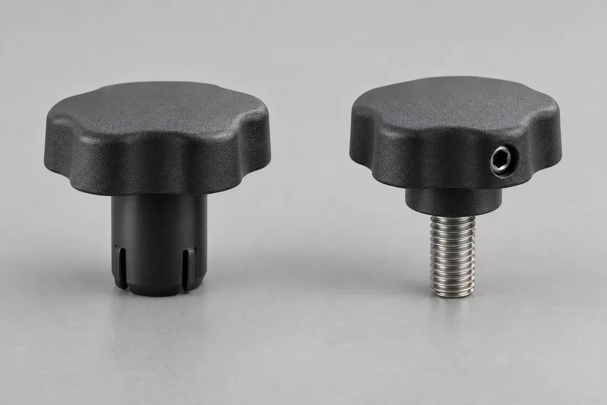 Plastic control knob designs showing push-on and side-screw mounting concepts