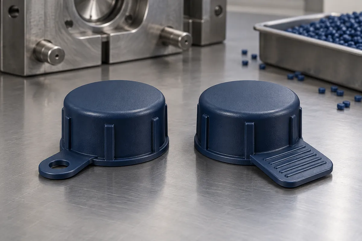 Two protective cap concepts with different pull-tab shapes
