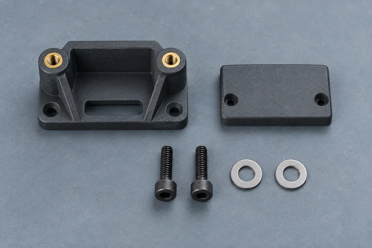 Illustrative bracket, mating cover, washers and screws arranged in assembly order