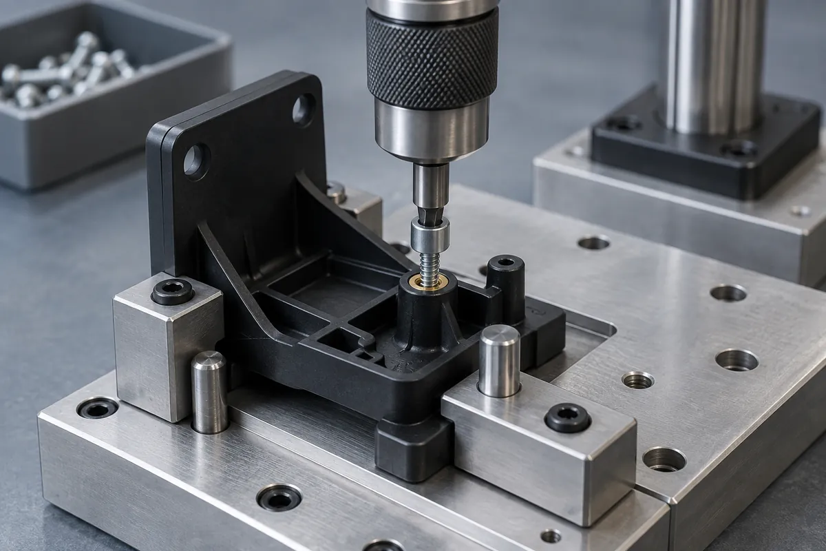 Illustrative torque driver positioned above a screw in a bracket and mating plate assembly