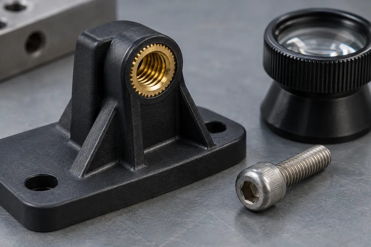 Illustrative magnified inspection of a bracket boss, thread entry and mating surface after an assembly exercise