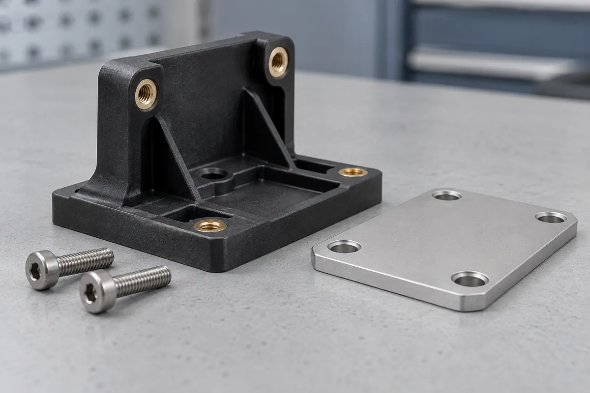 Illustrative plastic bracket with threaded inserts and removable mating plate for fastening review