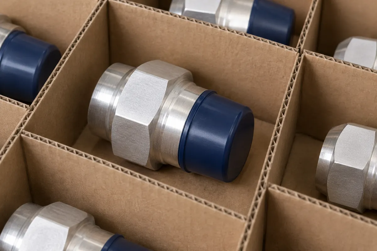 Protective cap on a fitting inside a shipping divider