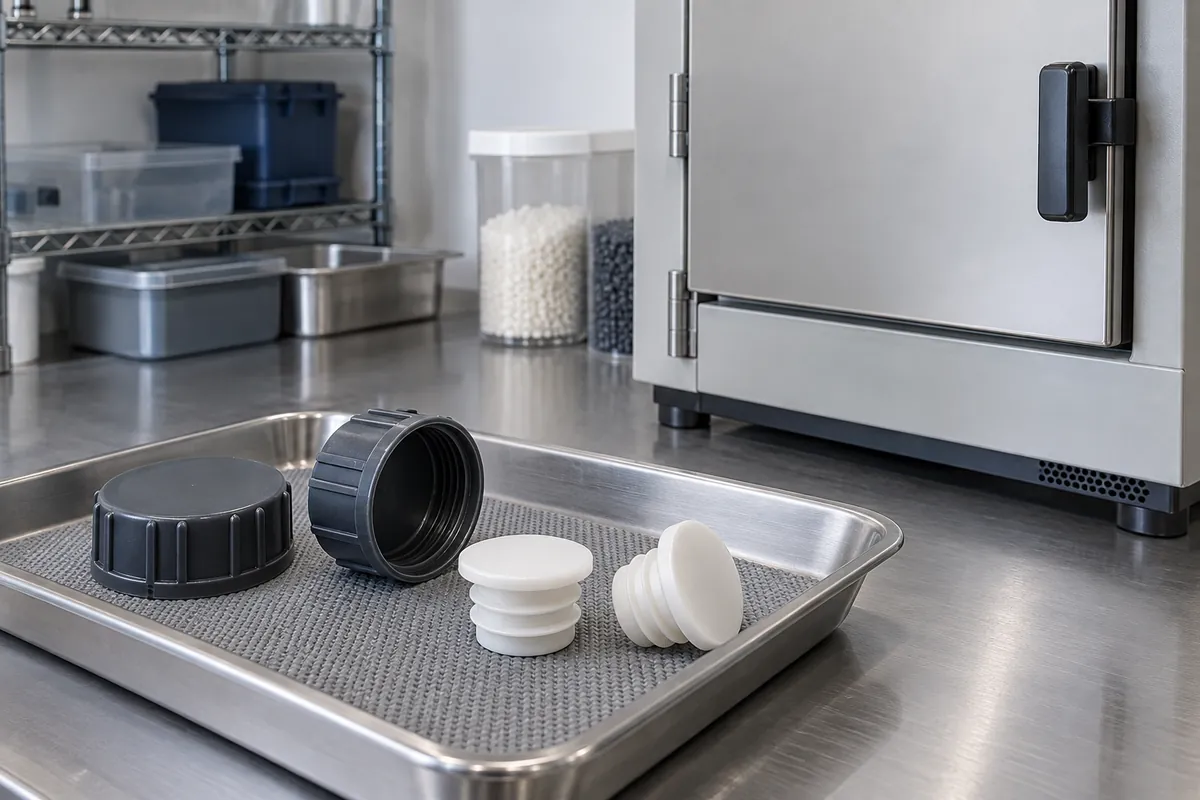 Cap and plug samples staged beside a closed process chamber
