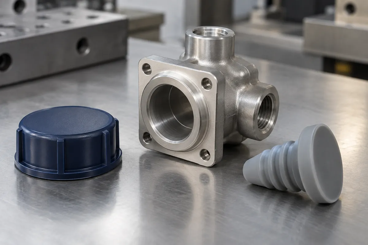 Rigid shipping cap and flexible masking plug beside an uncoated port component
