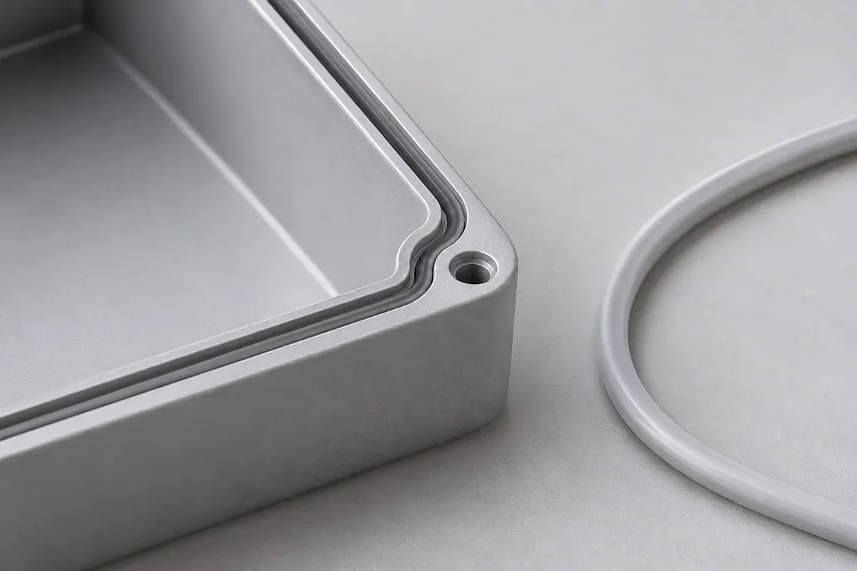 Enclosure groove at a rounded corner beside a separate silicone sealing bead