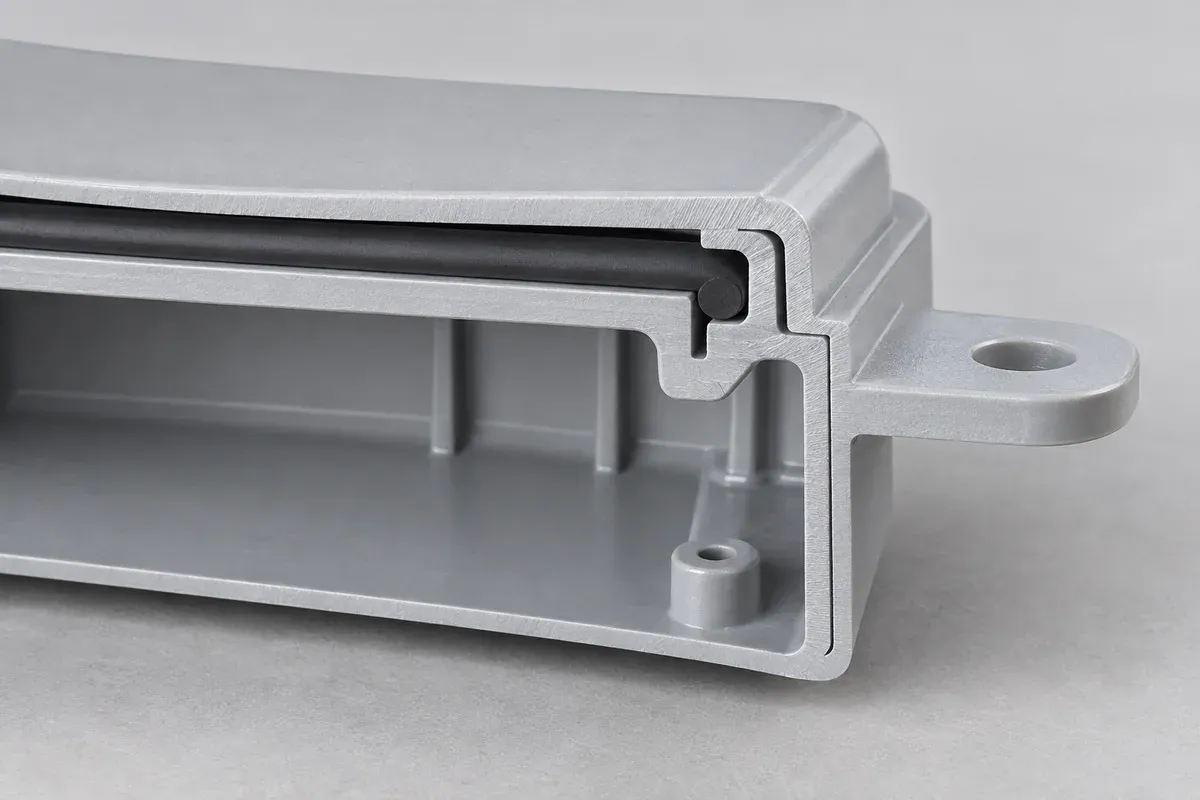 Cutaway housing flange showing a seal groove and a separate closure stop