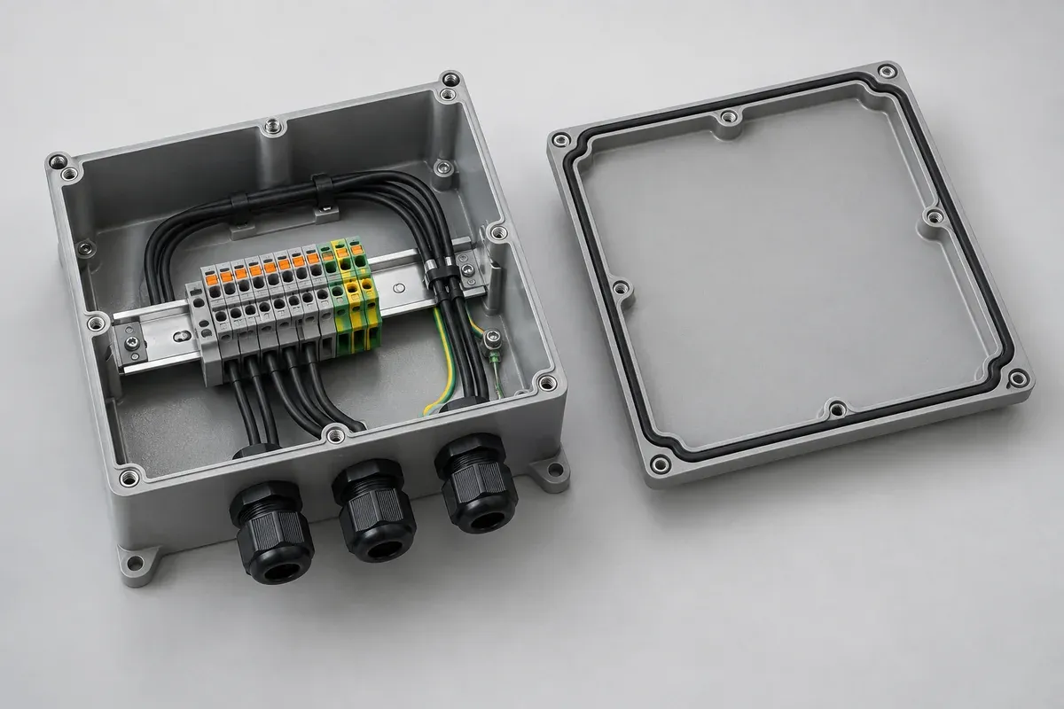 Open enclosure perimeter with continuous sealing path and spaced fastener bosses