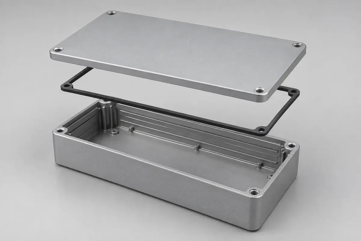 Exploded enclosure base, silicone perimeter gasket and lid showing the sealing relationship
