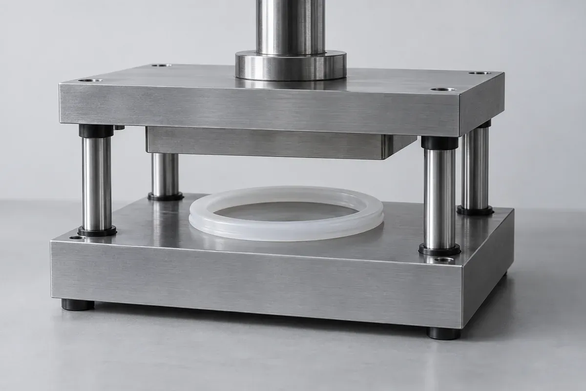 Silicone specimen between separated compression fixture plates without readings