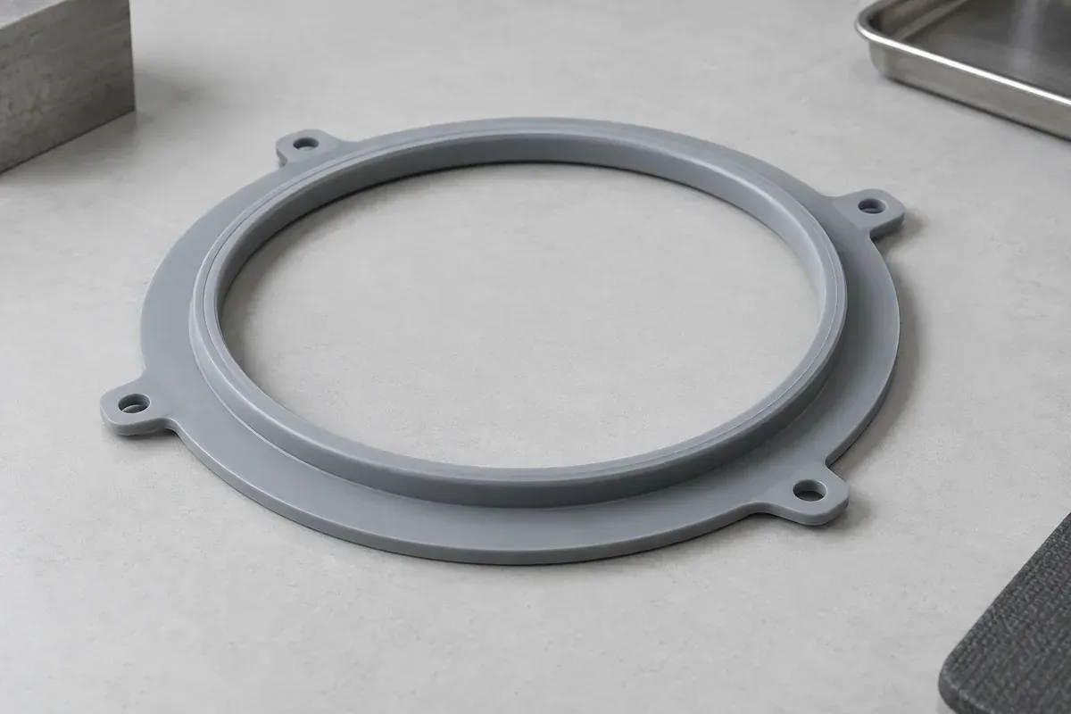 Molded gasket with broad flange and locating tabs on a matte bench