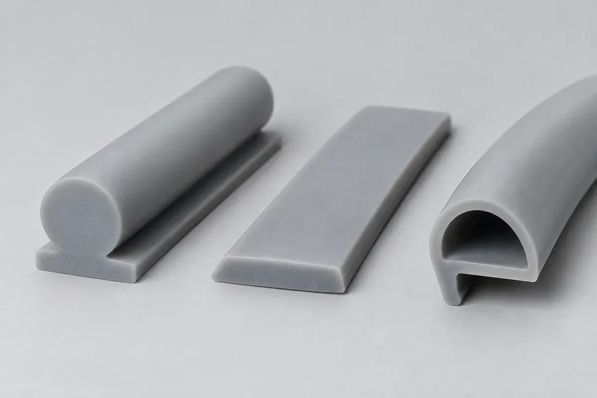 Different silicone seal cross-sections arranged for a geometry and hardness comparison