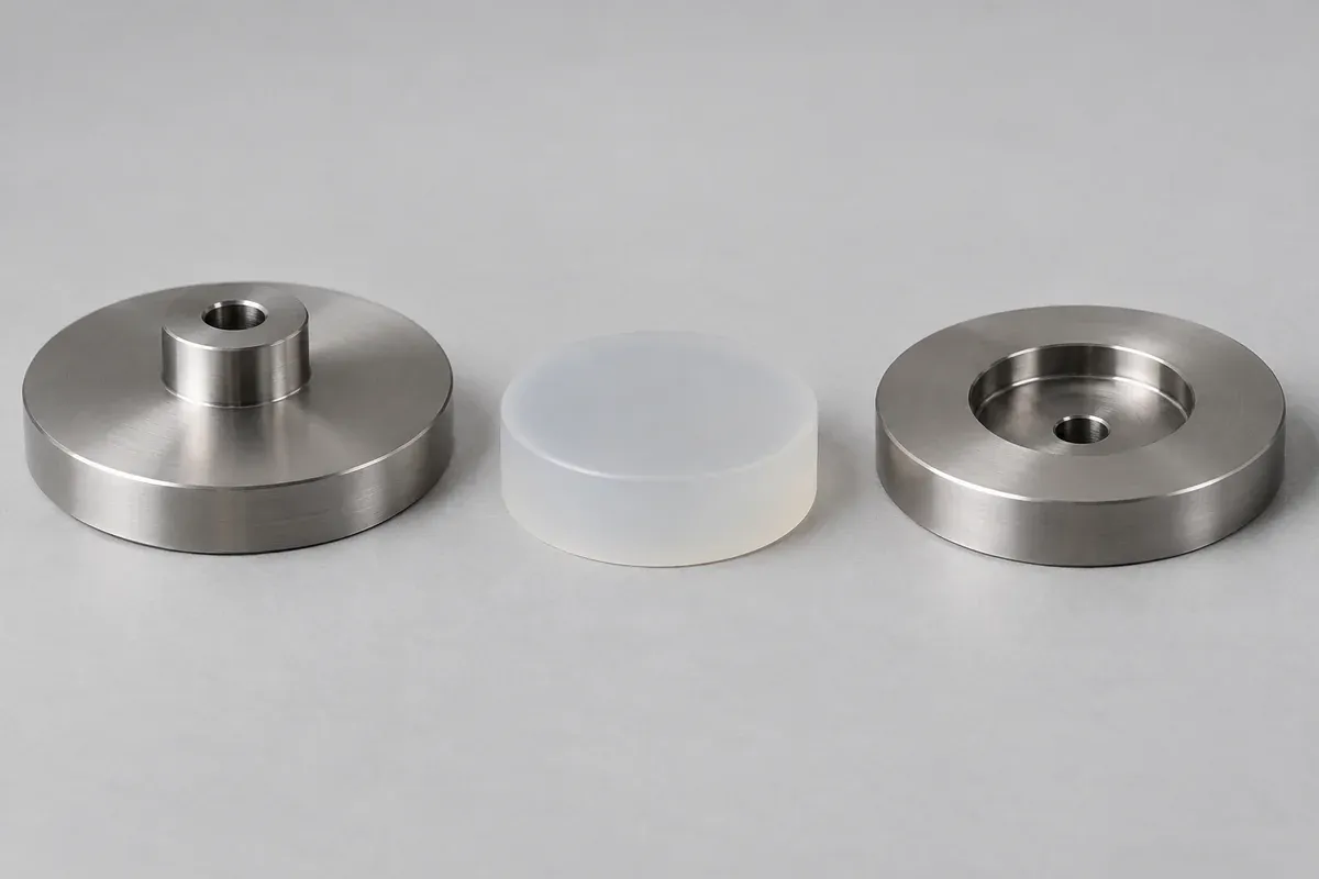 Separated compression plates and silicone specimen arranged before assembly