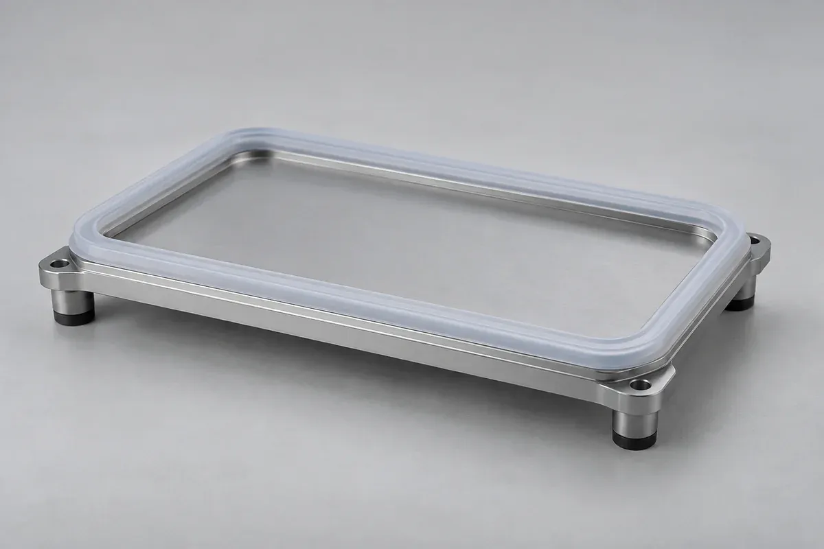 Soft molded perimeter gasket resting on a low-force inspection support