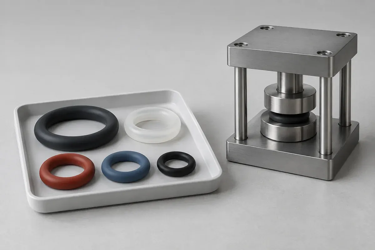 Molded silicone seal samples beside a plain compression fixture without test results