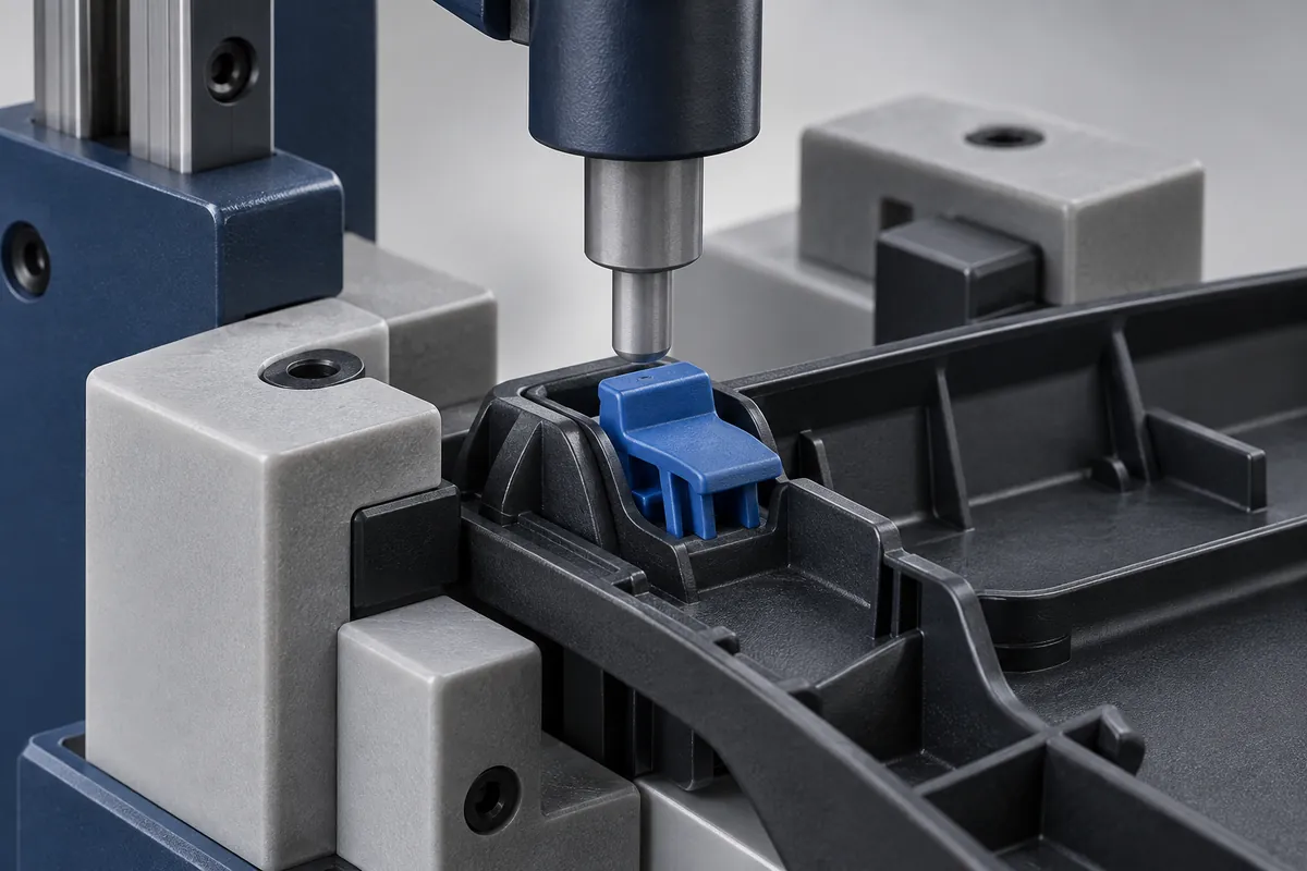 Conceptual release pin aligned with a molded latch tab in a supported test assembly