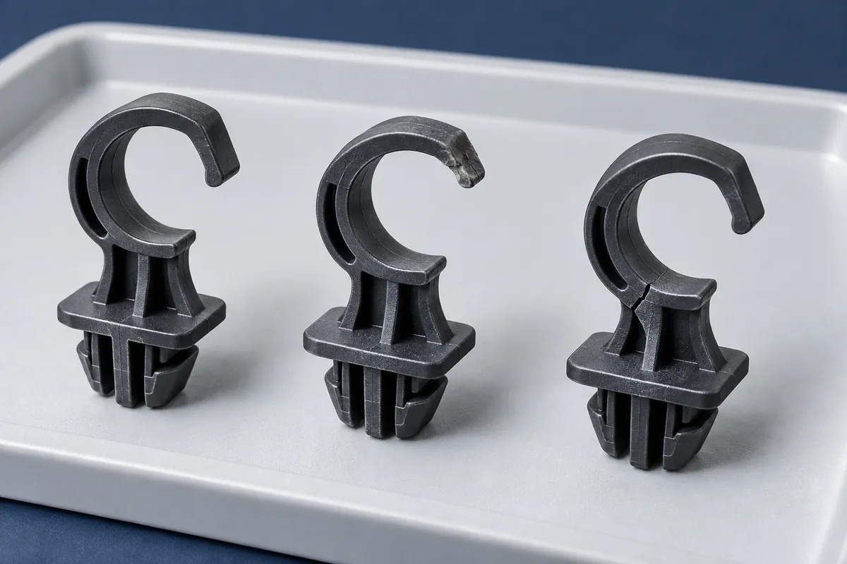 Illustrative intact clip, worn hook and cracked beam examples arranged for comparison