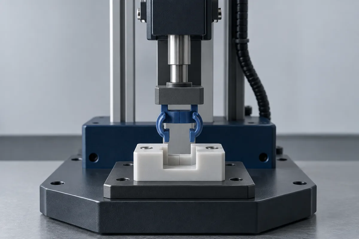 Conceptual benchtop fixture aligning a molded clip and mating part for repeated insertion