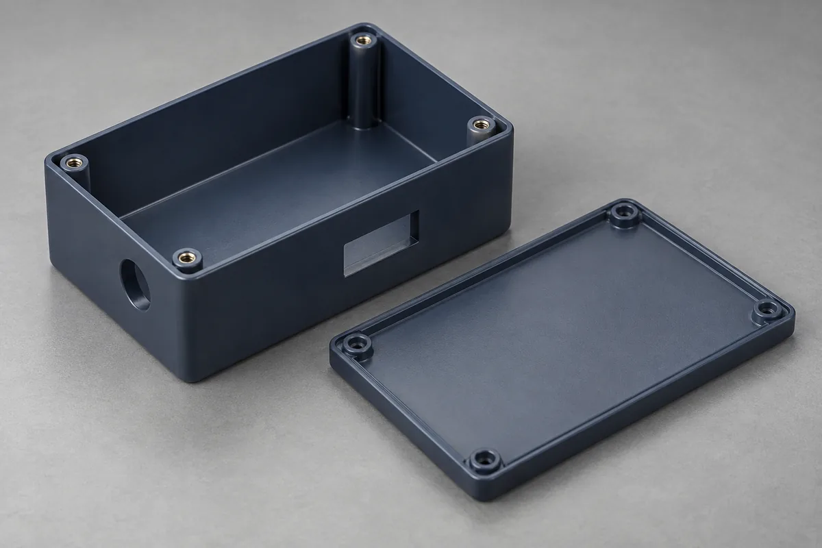 Stock-style enclosure with separate lid and added connector and cable openings