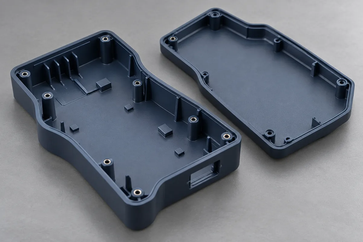 Custom enclosure interior with integrated mounting towers, support features and a connector window