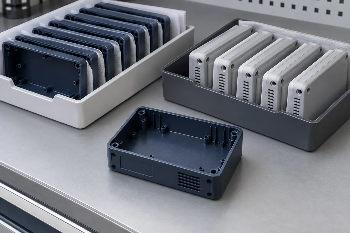Empty enclosure shells separated in protective sample trays