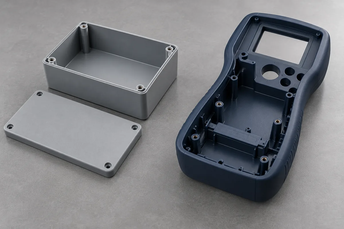 Design examples of a rectangular stock-style box and a contoured custom electronic housing