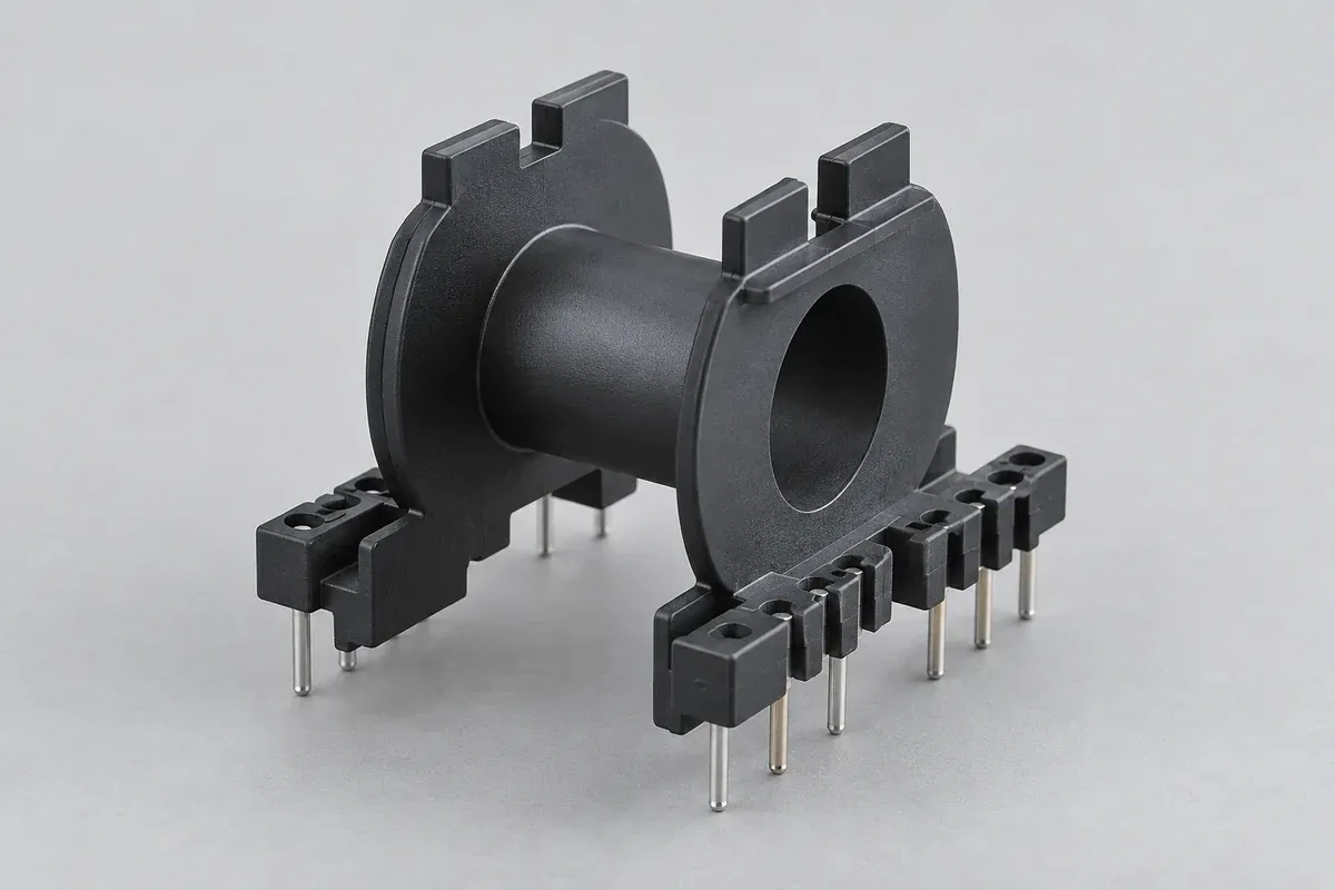 Plastic bobbin with terminal pins supported by molded flange bosses