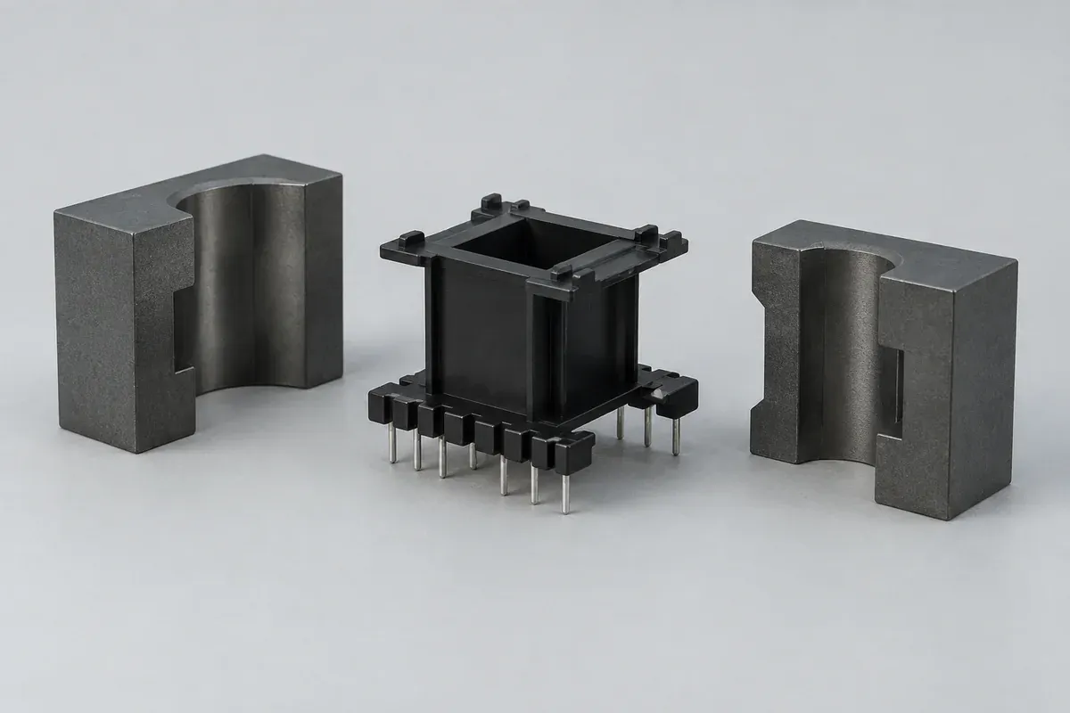Rectangular plastic bobbin positioned between separated ferrite core halves